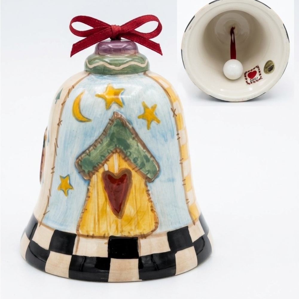 Vtg 2001 Enesco Ceramic Bell Birdhouse Checkered Cottagecore